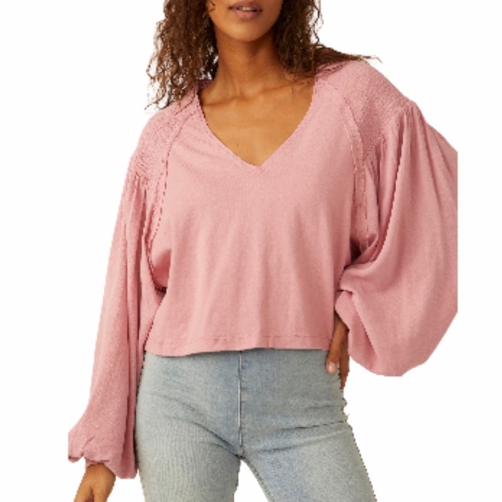 FREE PEOPLE KATHY LONG SLEEVE SMOCKED TOP MEDIUM PINK ROSE - Picture 3 of 6